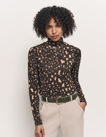 MADLY - T-shirt kaki col roulé imprimé tachiste animalier-1 MADLY - T-shirt kaki col roulé imprimé tachiste animalier-1