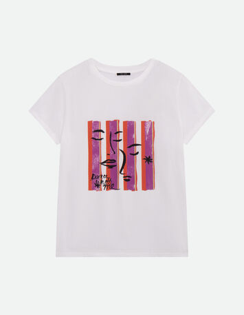 MIKA - T-shirt écru coton bio visages sur fond rayé -4