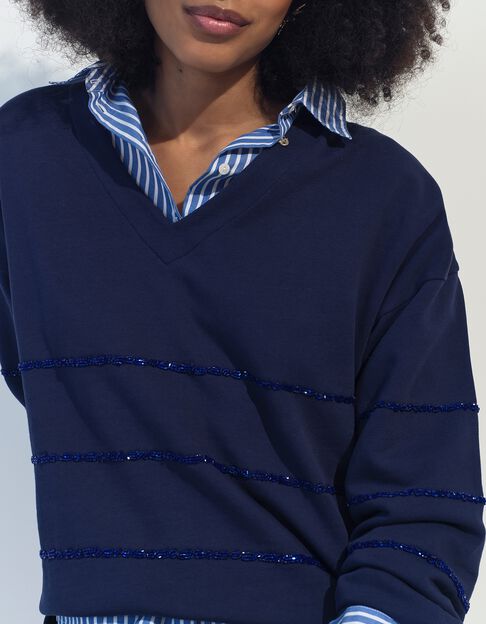 MOCOCA - Sweat bleu motif rayures perles brod&eacute;es  - One Step
