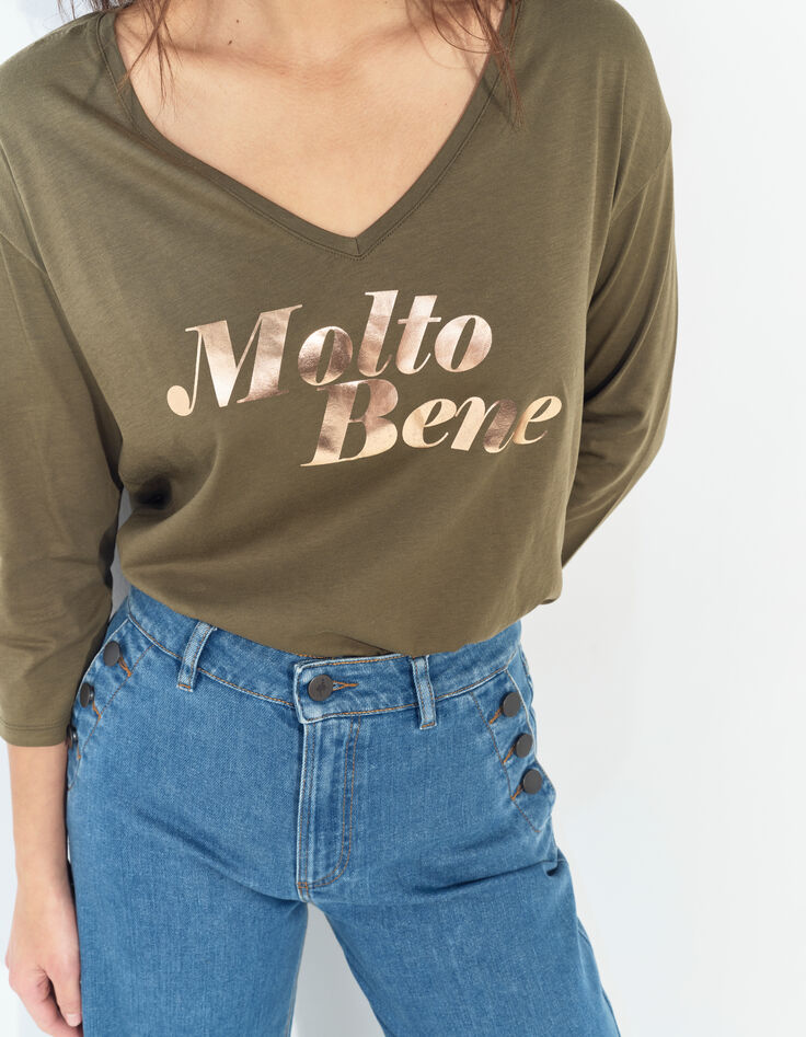 MEZZO - T-shirt kaki message m&eacute;tallis&eacute;-4