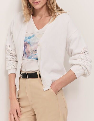 TWIST - Cardigan &eacute;cru tricot coton points ajour&eacute;s - One Step