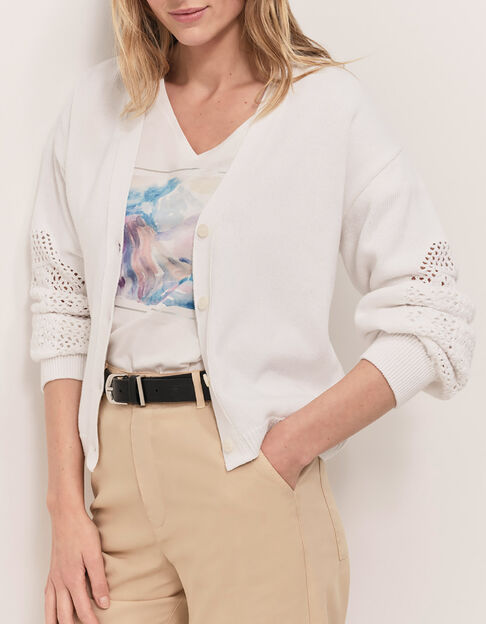 TWIST - Cardigan &eacute;cru tricot coton points ajour&eacute;s - One Step