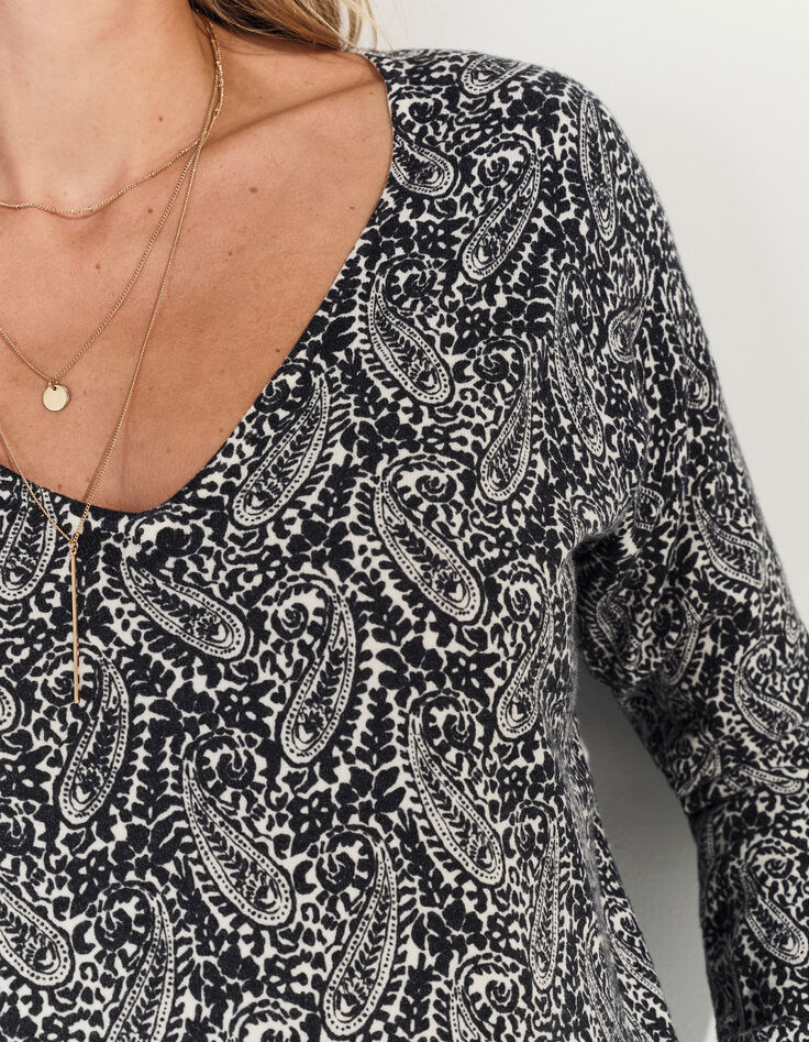 TOKAY - Pull noir tricot motif néo cachemire -4