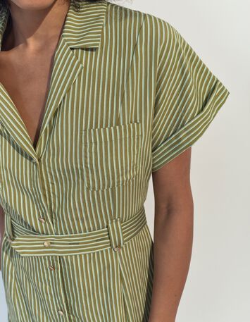RORAIMA - Robe chemise verte &agrave; motif fines rayures -3