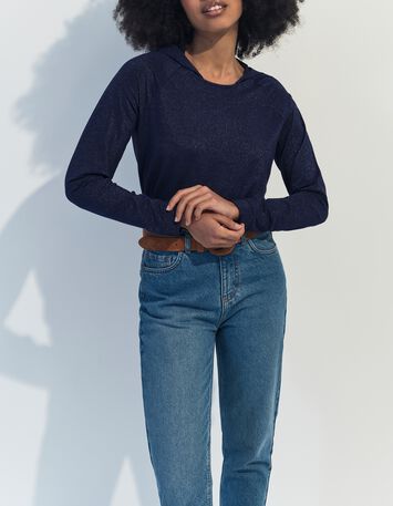 MARA - T-shirt marine &agrave; capuche maille iris&eacute;e -4
