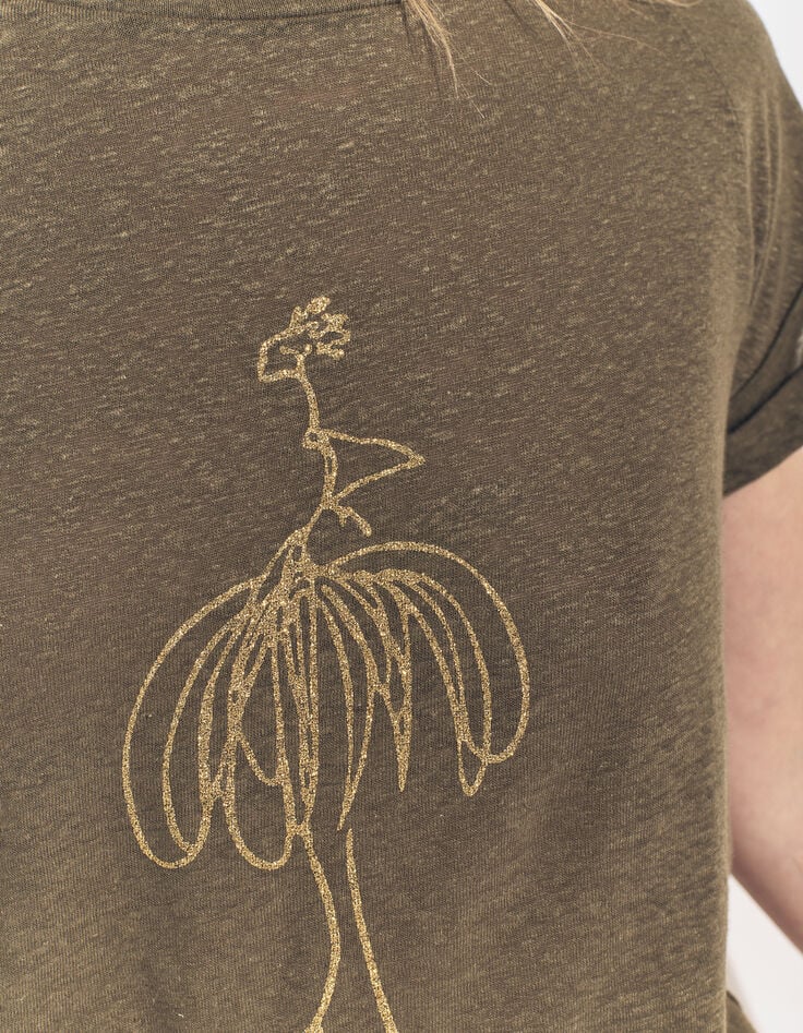 MEIRY- T-shirt kaki maille coton lin danseuse dorée-3 MEIRY- T-shirt kaki maille coton lin danseuse dorée-3
