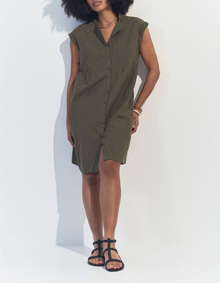 RONDONIA - Robe kaki coton lin broderies plac&eacute;es -2