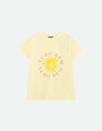 MIKA - T-shirt jaune coton bio message pailleté et soleil -2