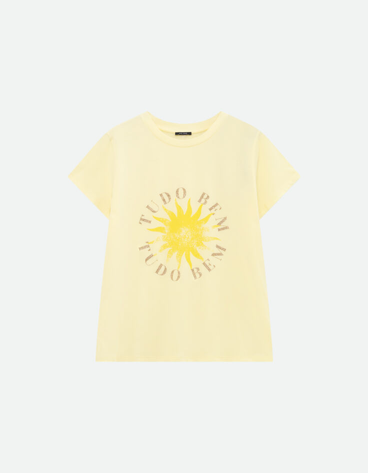 MIKA - T-shirt jaune coton bio message pailleté et soleil -2