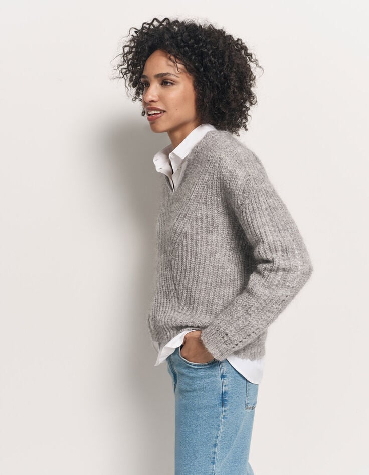 TYLER - Pull gris tricot côtelé mohair mélangé-2 TYLER - Pull gris tricot côtelé mohair mélangé-2
