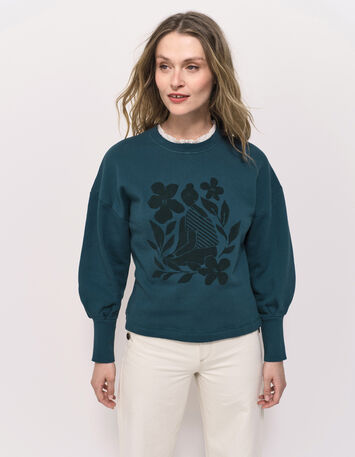 MELISSE - Sweat vert flocage fleurs avec col amovible-2