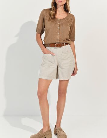 TERENOS - Cardigan manches courtes marron tricot lurex-6