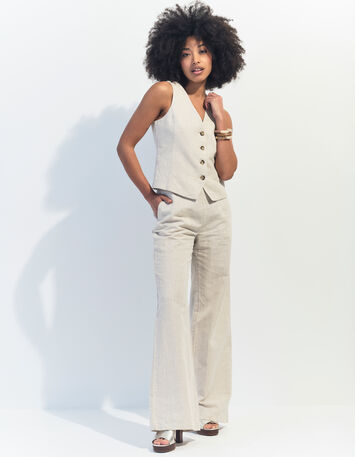 GLORIA - Gilet de costume beige chiné en lin et coton -5