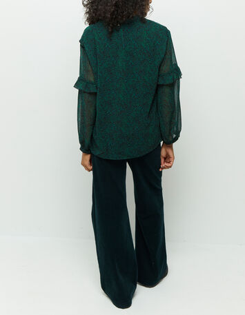 COMMANCHE - Blouse noire à imprimé pointilliste vert-3 COMMANCHE - Blouse noire à imprimé pointilliste vert-3
