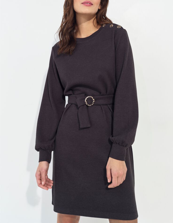 RAVENA - Robe sweat gris fonc&eacute; maille c&ocirc;tel&eacute;e -1