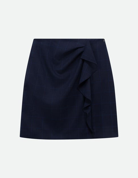 JACOU - Jupe courte de tailleur marine motif carreaux et volant - One Step