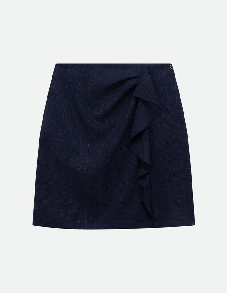 JACOU - Jupe courte de tailleur marine motif carreaux et volant-1