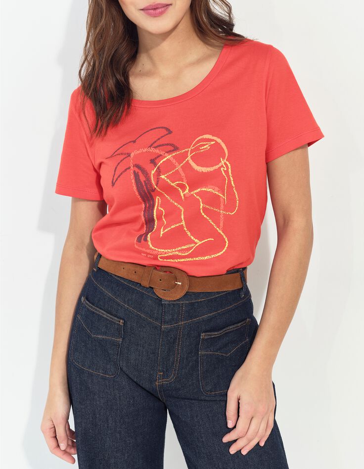 MADIE - T-shirt orange coton bio visuel danseuse arty -1