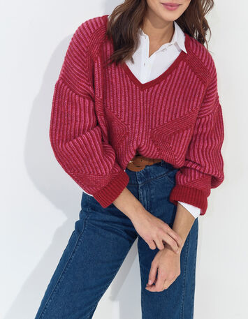 THORY - Pull encolure V rouge tricot c&ocirc;tel&eacute; bicolore-2