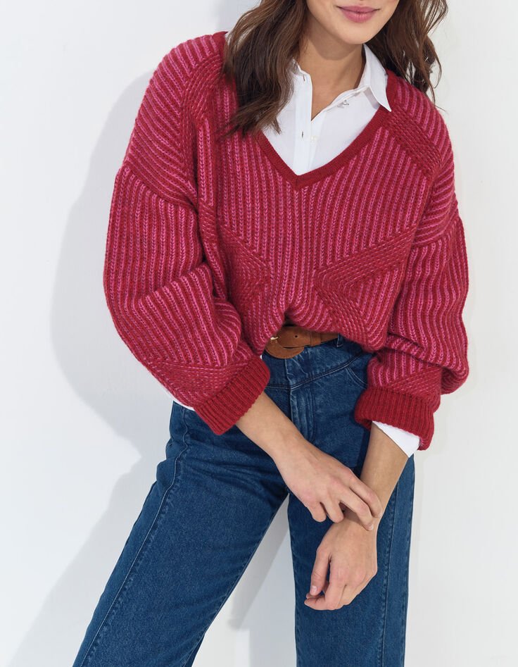 THORY - Pull encolure V rouge tricot c&ocirc;tel&eacute; bicolore-2