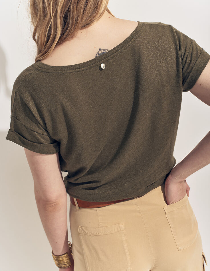 MEIRY- T-shirt kaki maille coton lin danseuse dorée-2 MEIRY- T-shirt kaki maille coton lin danseuse dorée-2