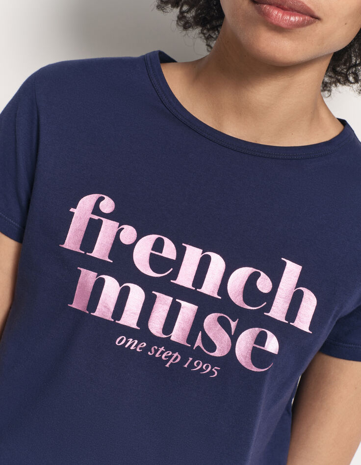 MANIA - T-shirt bleu marine coton bio message rose-4