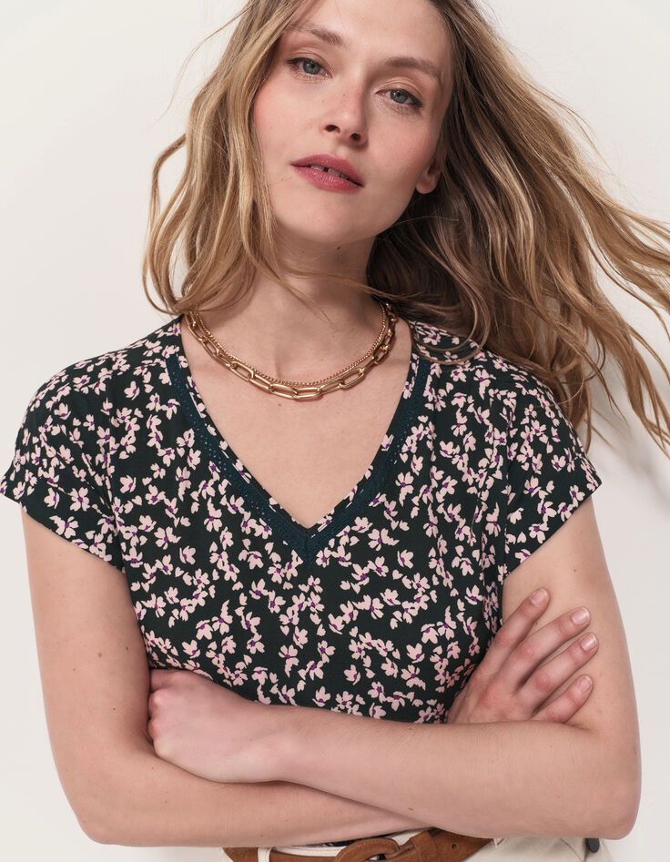 CESARIA - Top vert imprimé minimaliste floral-2