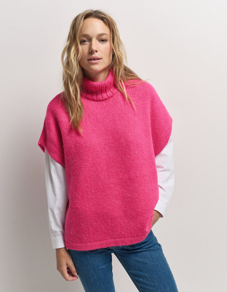 ANDRAS - Poncho rose tricot col montant-2