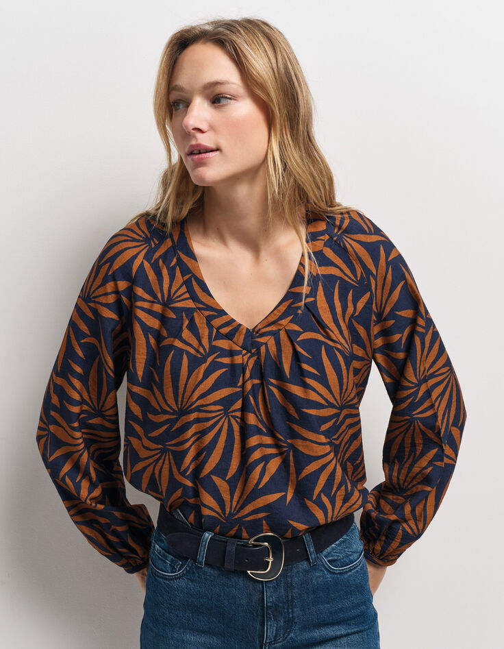 CINDY - Blouse marine imprimé maxi feuilles-2
