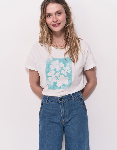 MAURO - T-shirt blanc coton bio visuel arty floral - One Step