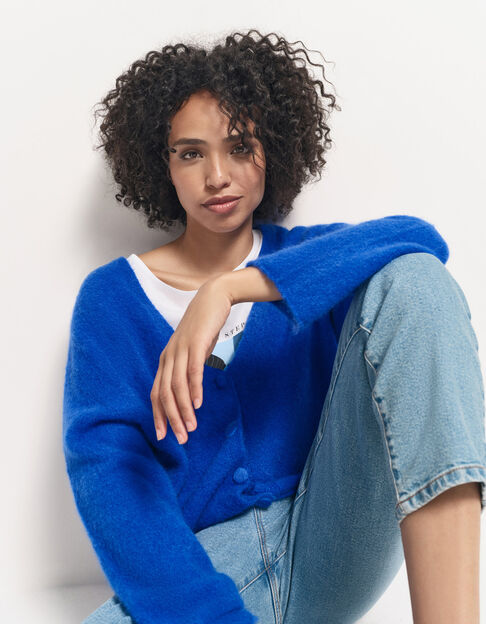 TECK - Cardigan bleu tricot moelleux encolure V - One Step