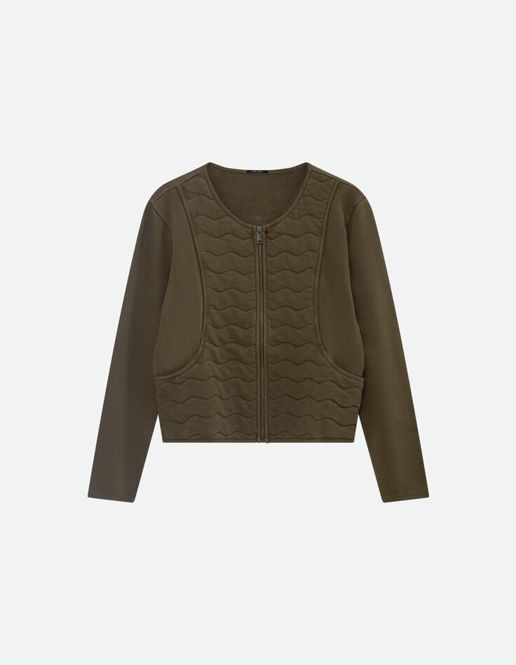 MARINO - Cardigan kaki coton bio zipp&eacute; maille matelass&eacute;e -5