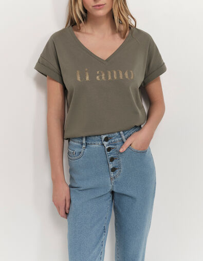 MUM - T-shirt kaki coton bio message dor&eacute; paillet&eacute; - One Step