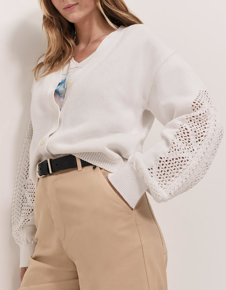 TWIST - Cardigan &eacute;cru tricot coton points ajour&eacute;s-2