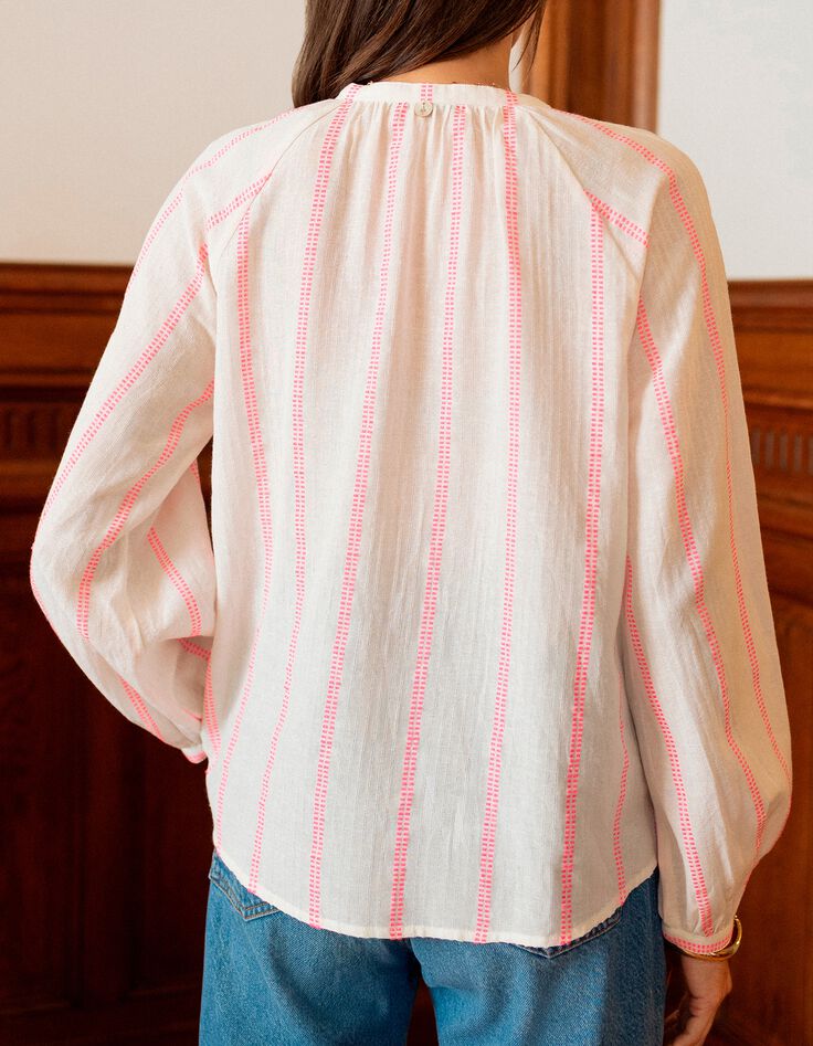 CEYLAN - Blouse blanche rayures fantaisie rose fluo-3