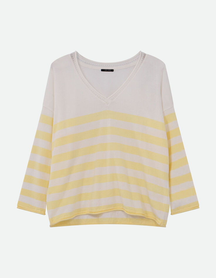 TZAR - Pull &eacute;cru coton bio ray&eacute; jaune danseuse au dos-6