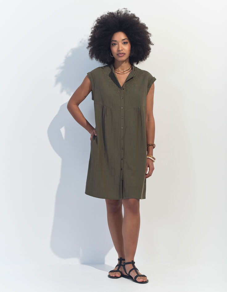 RONDONIA - Robe kaki coton lin broderies placées -6