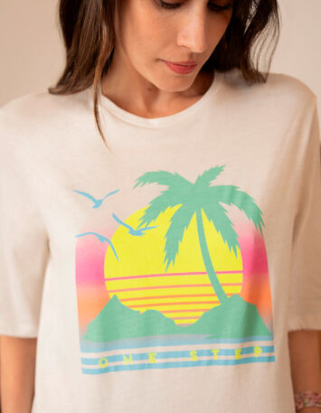 MAMBO - T-shirt blanc visuel palmier fluo -3
