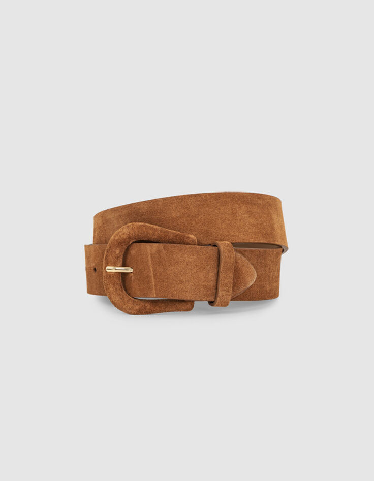 ANDREW - Ceinture fine caramel en cuir velours-1