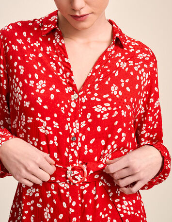 REGATE - Robe chemise midi cerise à imprimé fleurs-5