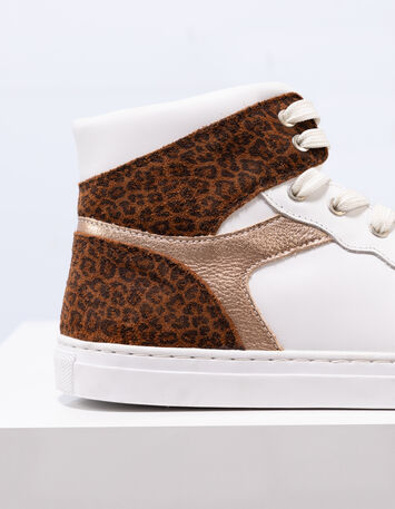 O.QUEEN - Tennis montantes blanc, doré, motif léopard cuir-3