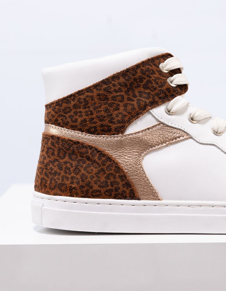 O.QUEEN - Tennis montantes blanc, doré, motif léopard cuir-3