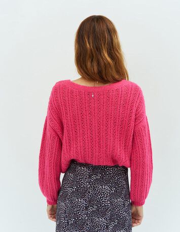 THEORY - Cardigan rose fuchsia en tricot fantaisie-3