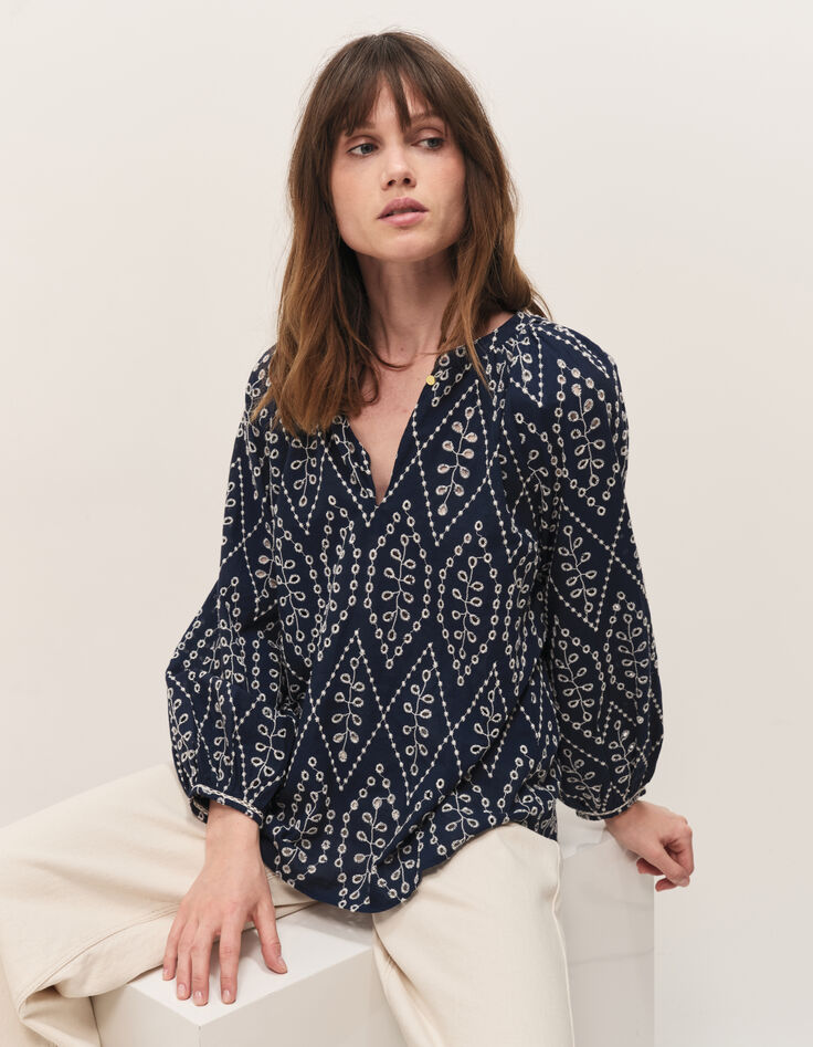 COLOMBE - Blouse marine broderies all over-1
