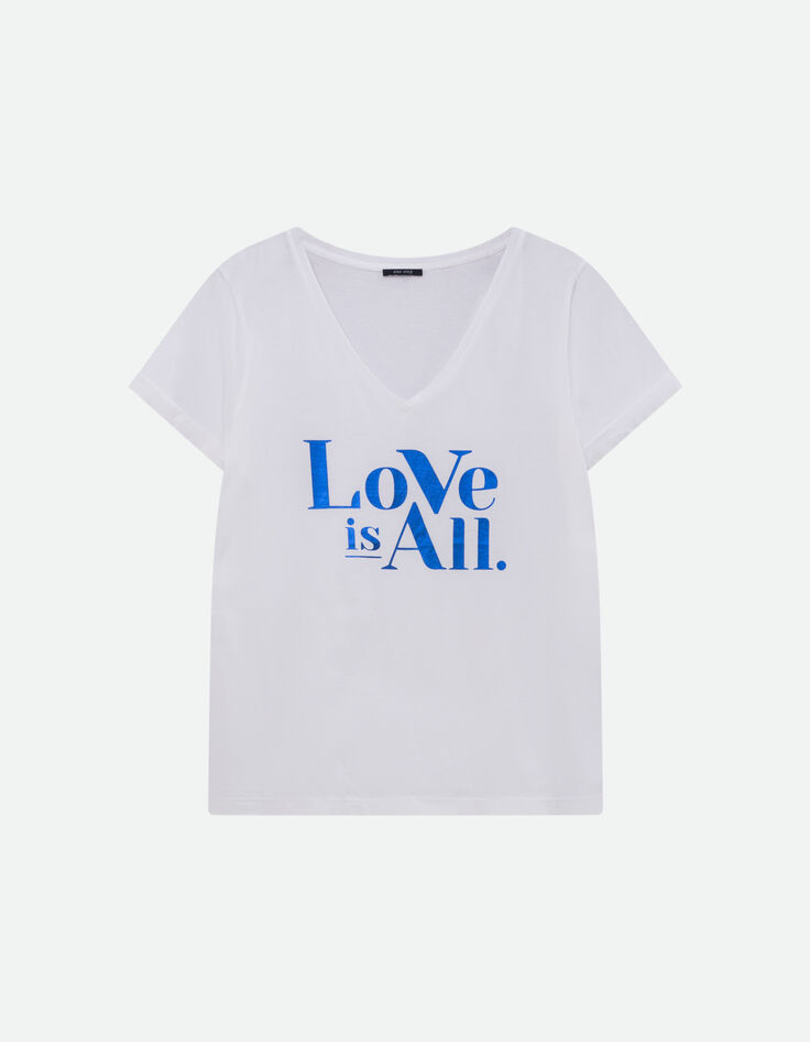 MARCO - T-shirt blanc coton bio message bleu m&eacute;tallis&eacute; -1