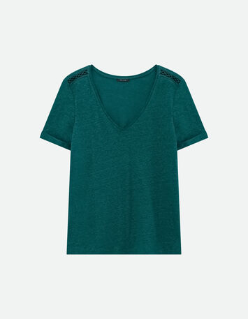 MARINGA - T-shirt vert détails dentelle -6