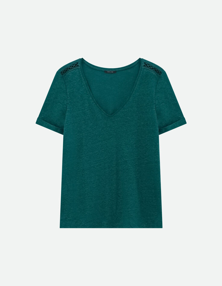 MARINGA - T-shirt vert détails dentelle -6