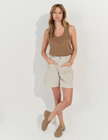 TAHIR - Pull sans manches marron tricot lurex fantaisie -1