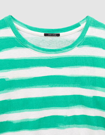 T-shirt ray&eacute; vert et blanc manches courtes Femme-2