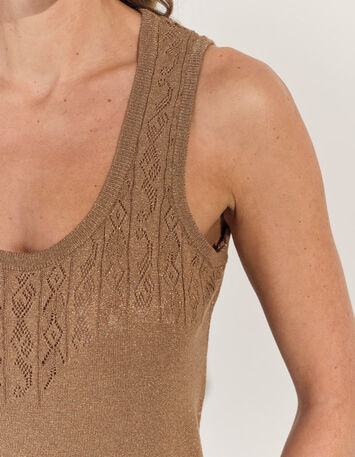 TAHIR - Pull sans manches marron tricot lurex fantaisie -4